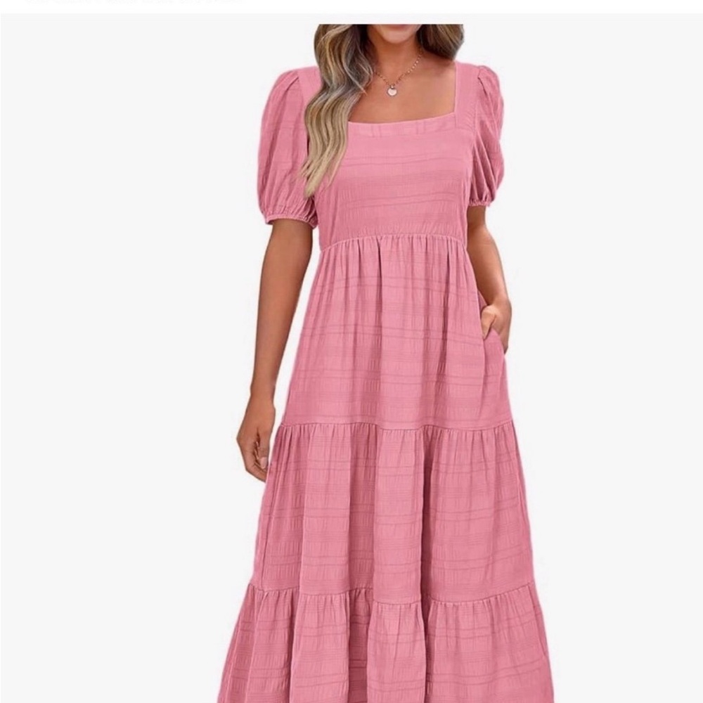 Square Neck Pink Tiered Maxi Dress